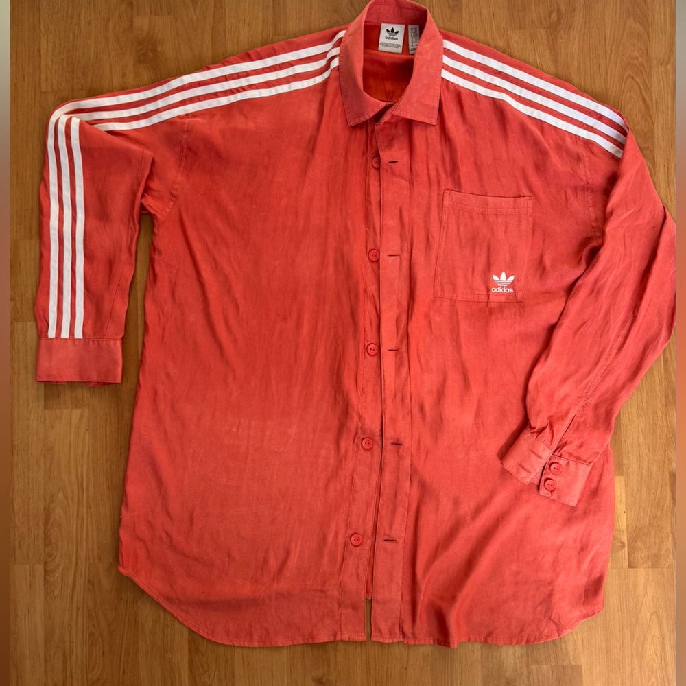 Adidas Originals shirt dress in a vivid coral satin finish